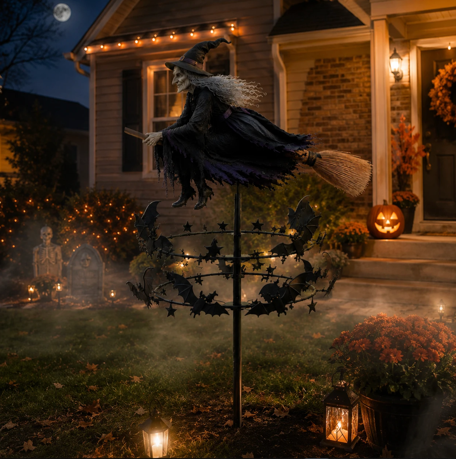 Flying Witch Wind Spinner Garden Stake with Bats, view 7