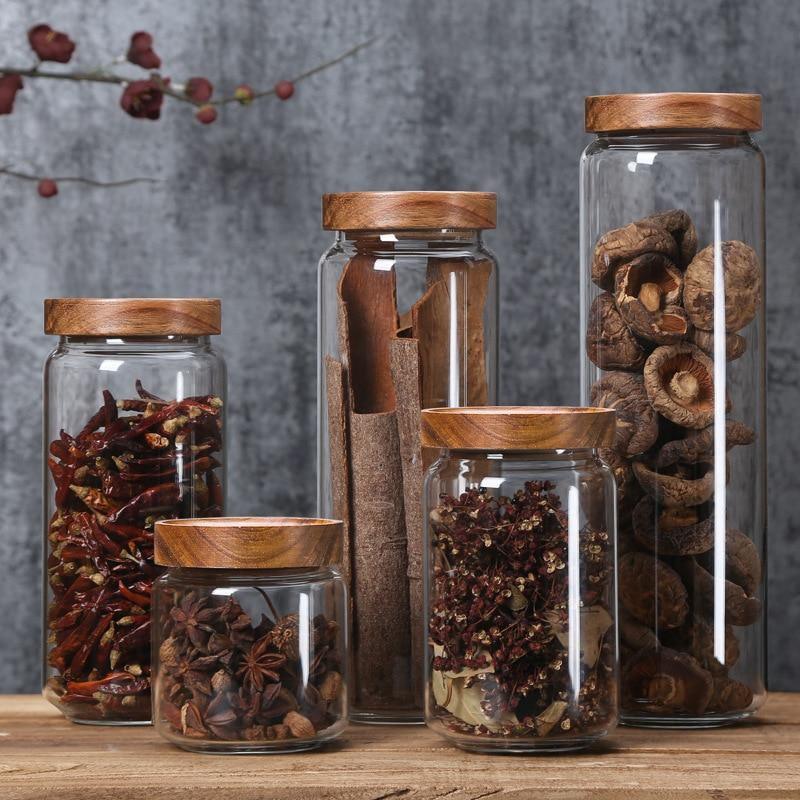 Glass Storage Jars with Acacia Wood Lids, 5 Sizes