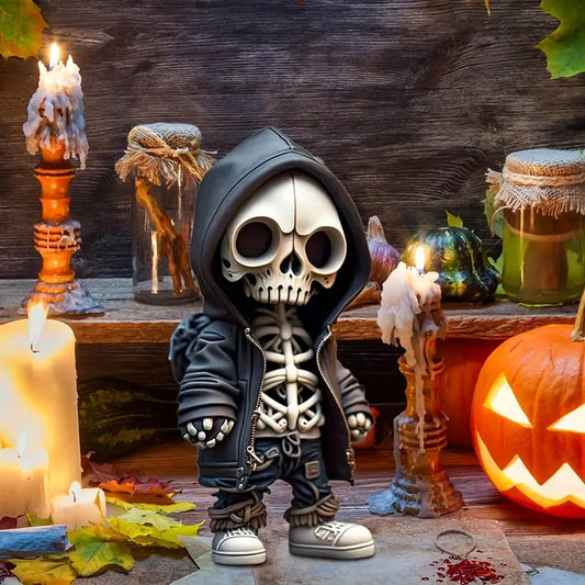 Resin Skeleton Figurine in a Hoodie, 5.5 in Tall