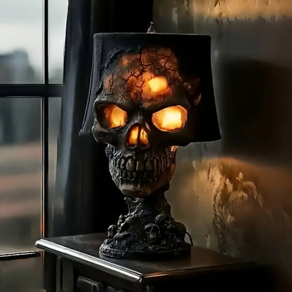 Skull Table Lamp with Shade and Glowing Cracks