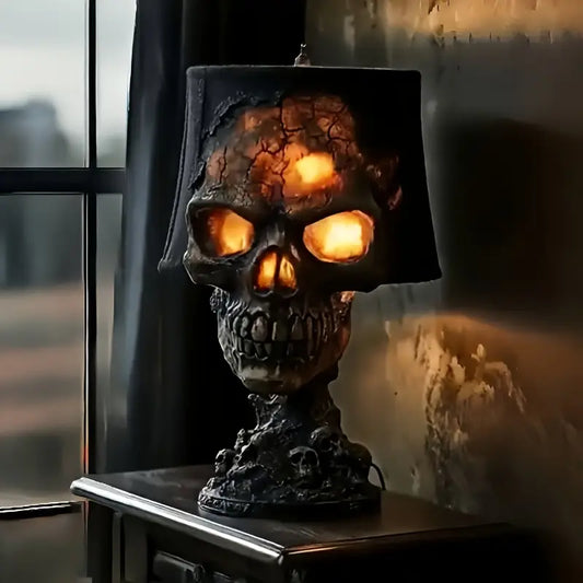 Skull Table Lamp with Shade and Glowing Cracks