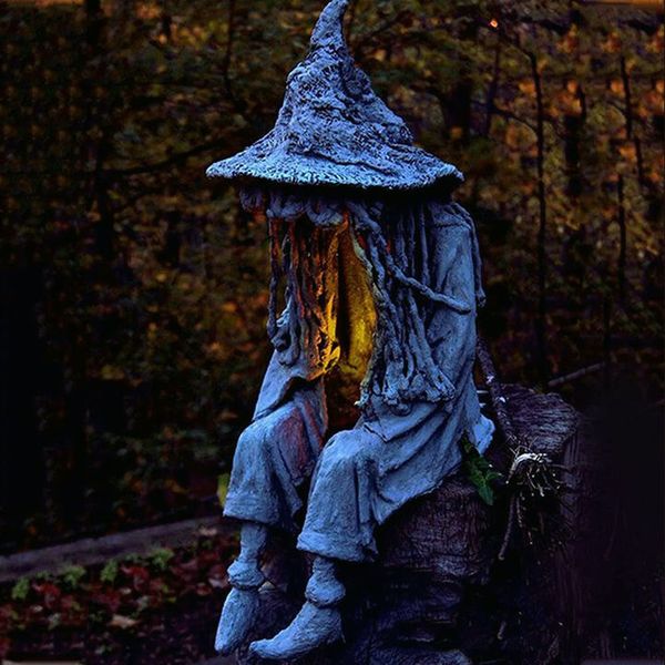 Solar Witch Garden Statue with a Glowing Lantern, 8.6 in