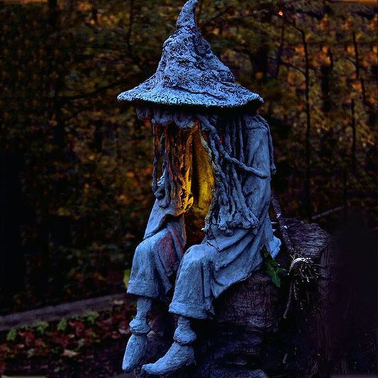 Solar Witch Garden Statue with a Glowing Lantern, 8.6 in