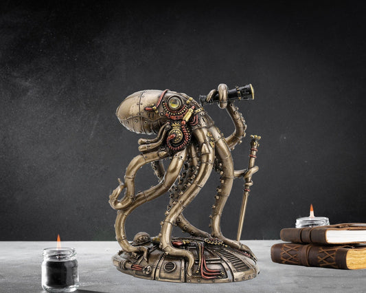 Steampunk Octopus Statue with Telescope and Gears, view 2