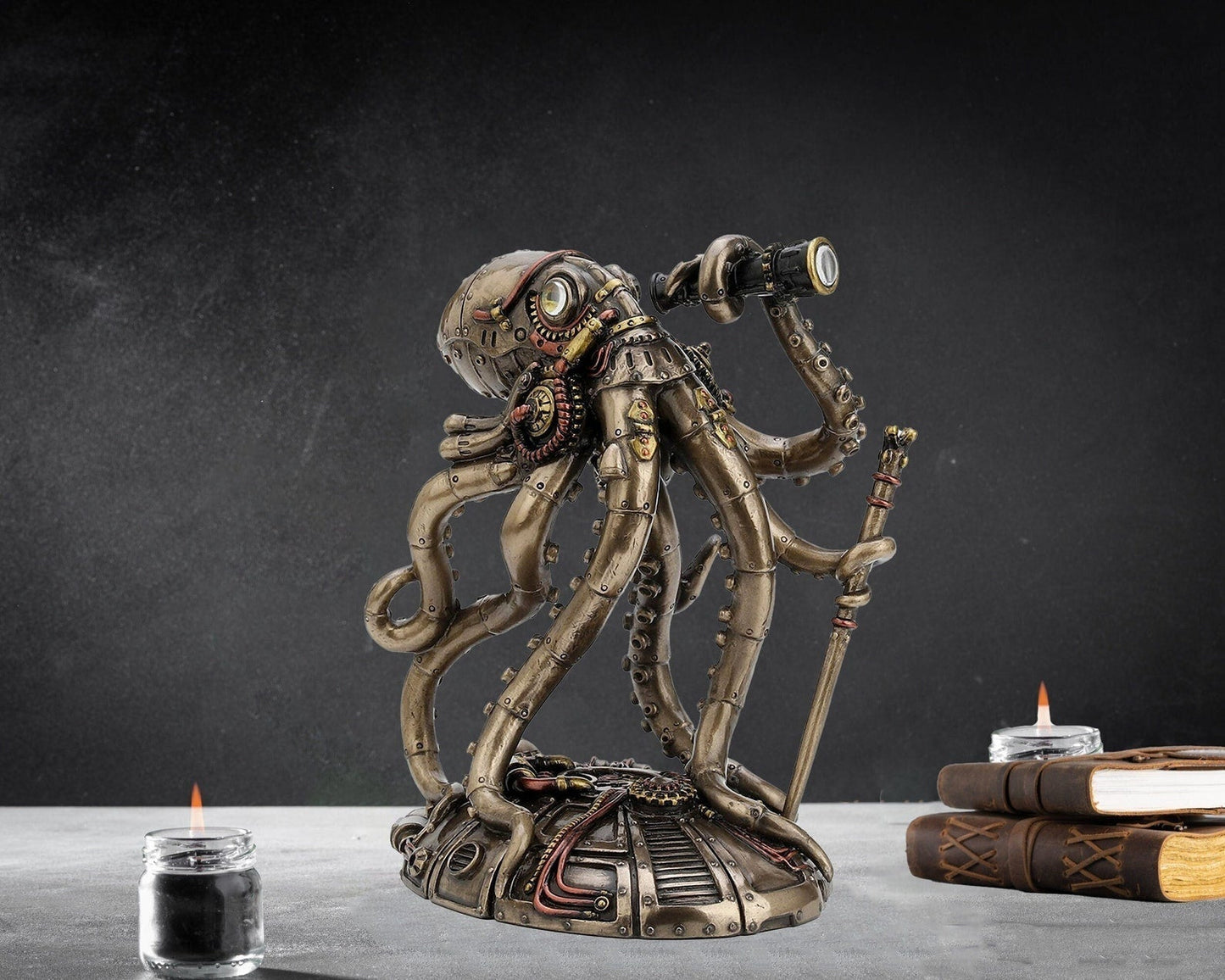 Steampunk Octopus Statue with Telescope and Gears