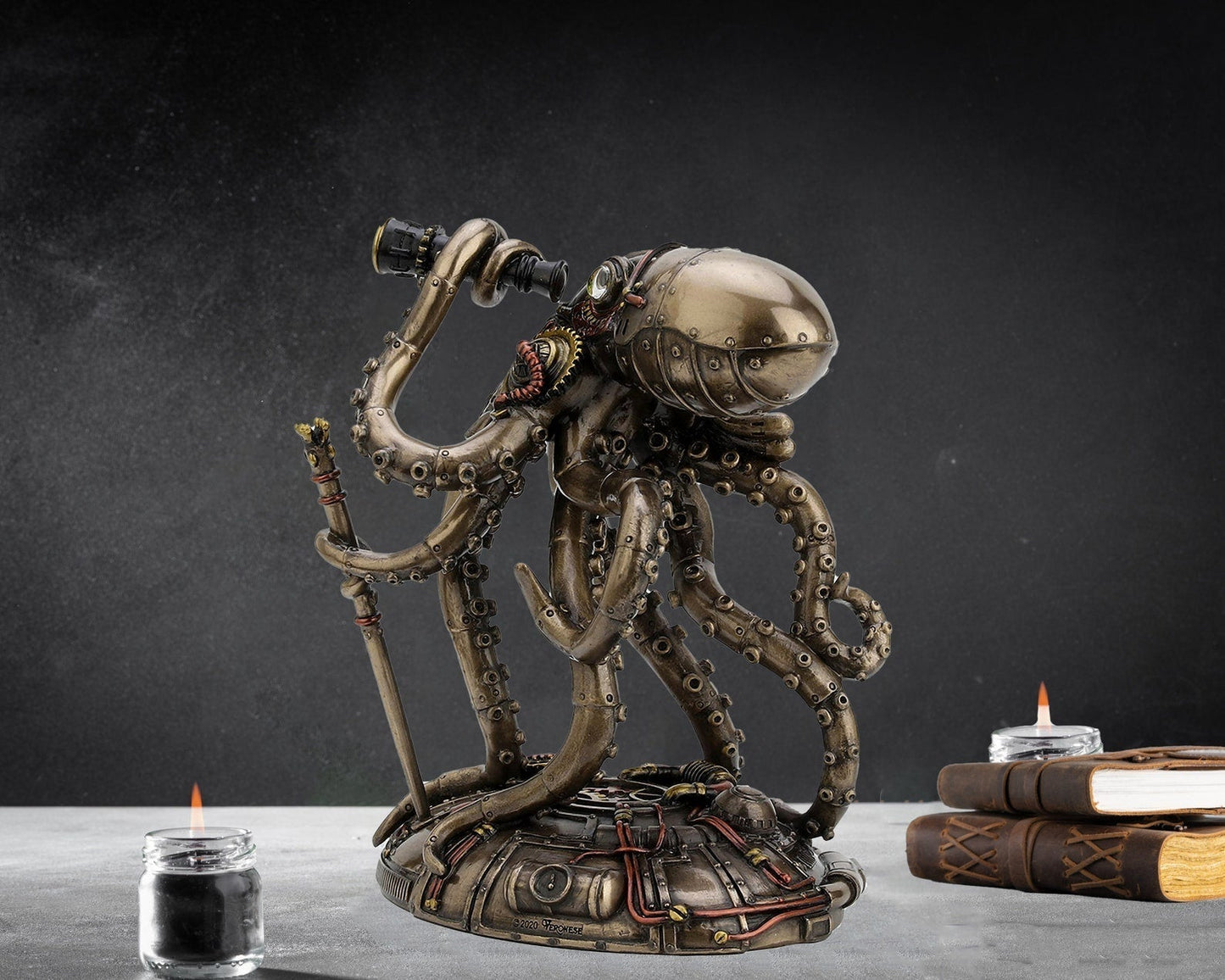 Steampunk Octopus Statue with Telescope and Gears, view 3