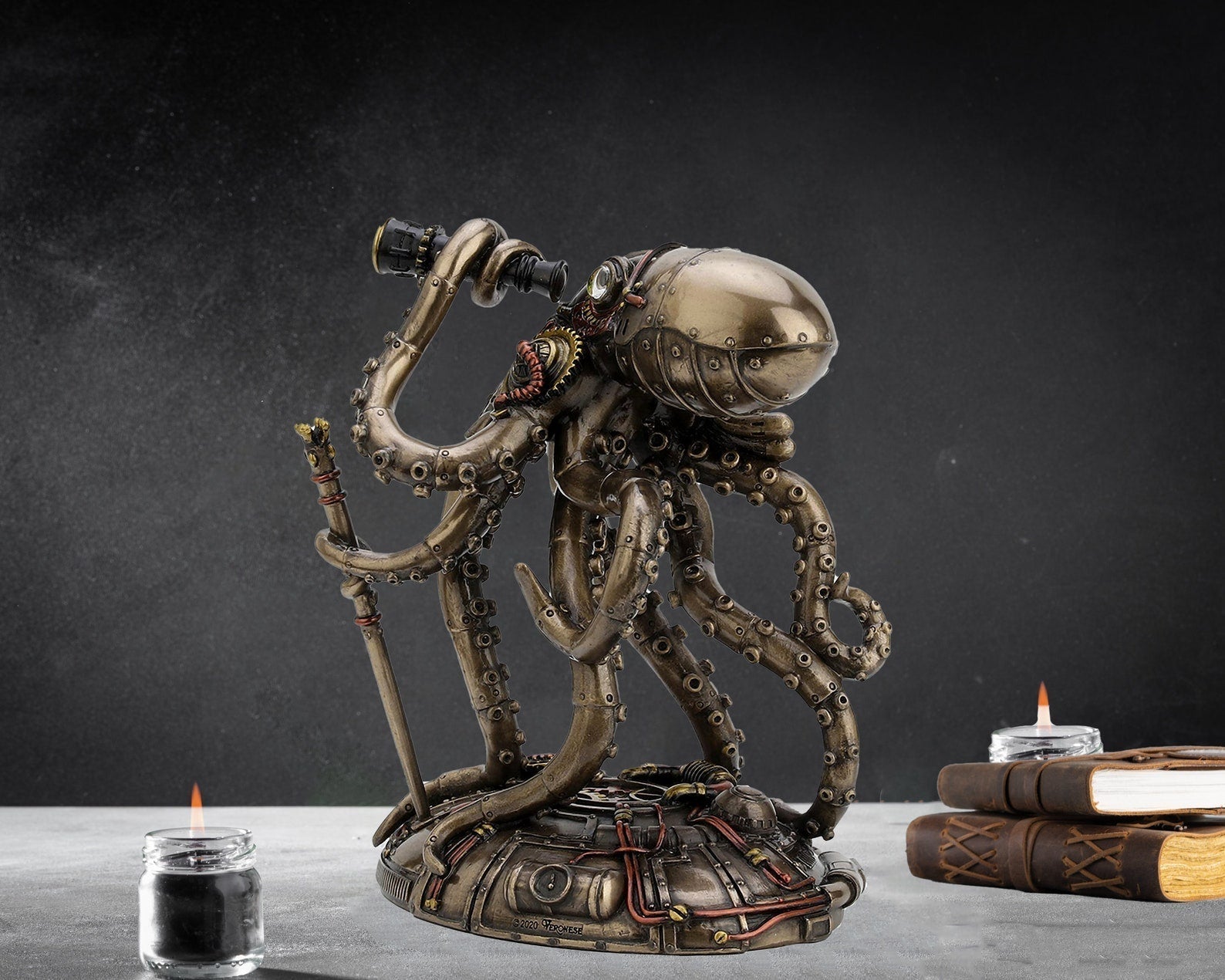 Steampunk Octopus Statue with Telescope and Gears, view 3
