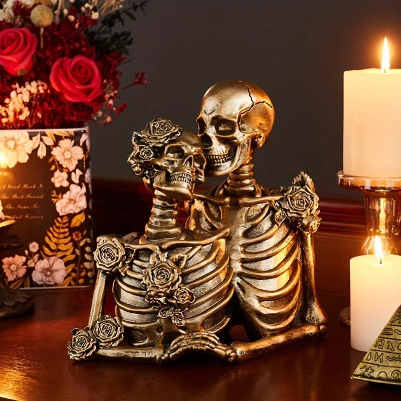 Skeleton Couple Figurine with Sculpted Roses, 8.2 in, view 2