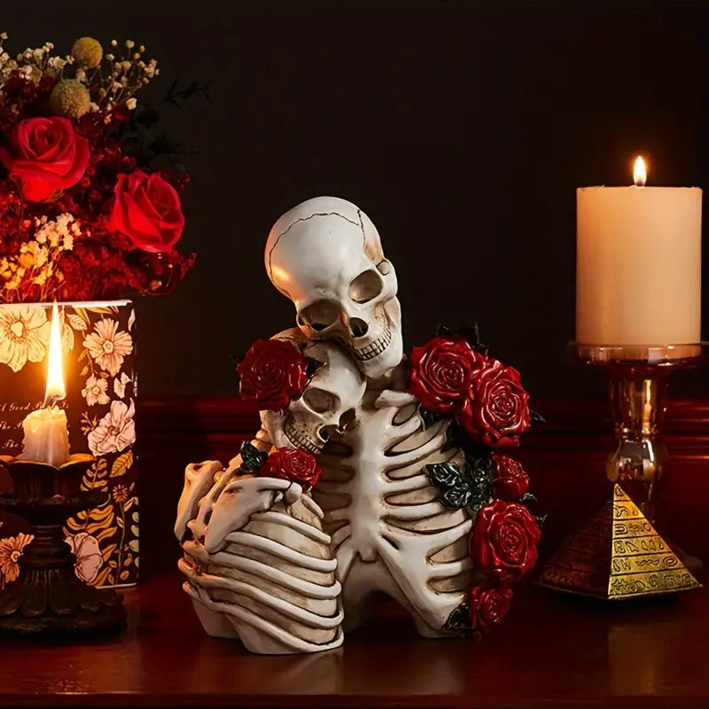 Skeleton Couple Figurine with Sculpted Roses, 8.2 in, view 4