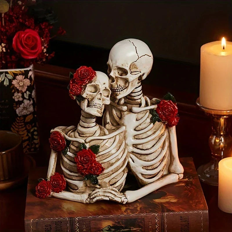 Skeleton Couple Figurine with Sculpted Roses, 8.2 in