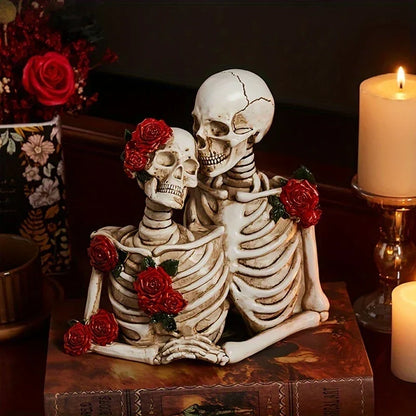 Skeleton Couple Figurine with Sculpted Roses, 8.2 in