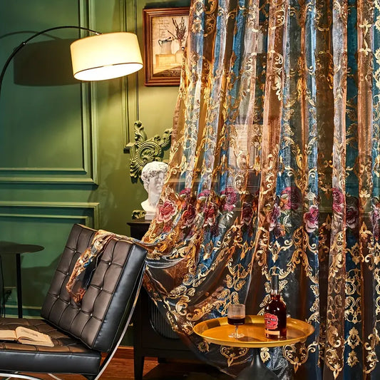 Sheer Embroidered Jacquard Curtain, Floral Motif, view 2