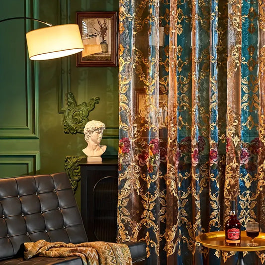 Sheer Embroidered Jacquard Curtain, Floral Motif