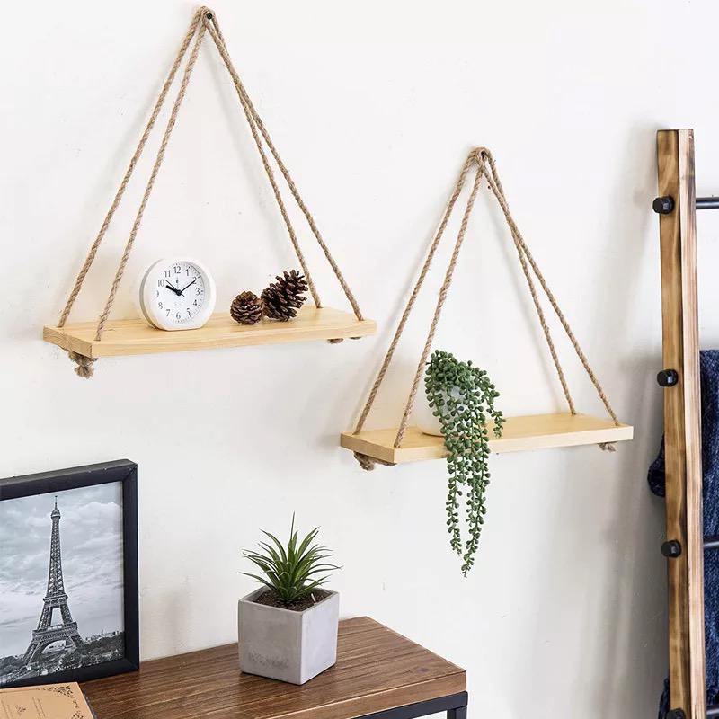 Rope Hung Wooden Wall Shelf, 13.8 in