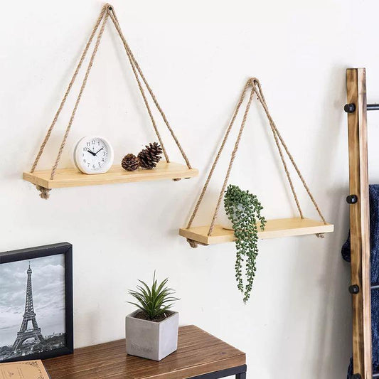 Rope Hung Wooden Wall Shelf, 13.8 in