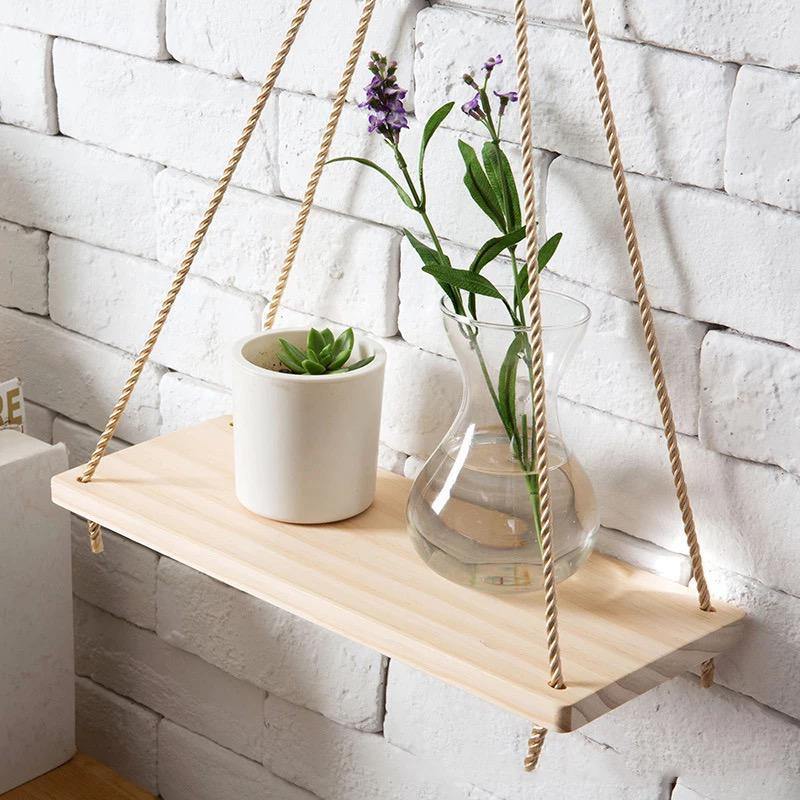 Rope Hung Wooden Wall Shelf, 13.8 in, view 3