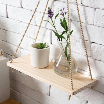 Rope Hung Wooden Wall Shelf, 13.8 in, view 3