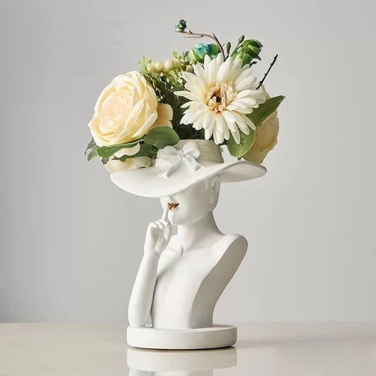 Resin Lady Head Vase with Hat Brim, 8.6 in Tall, view 2