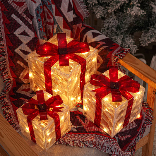 Light Up Christmas Gift Boxes, Set of 3 with LED Lights