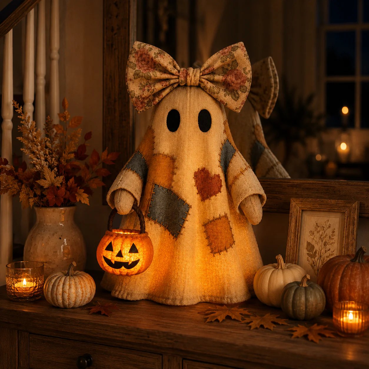 Halloween Patchwork Ghost Lamp with Pumpkin Lantern, view 3