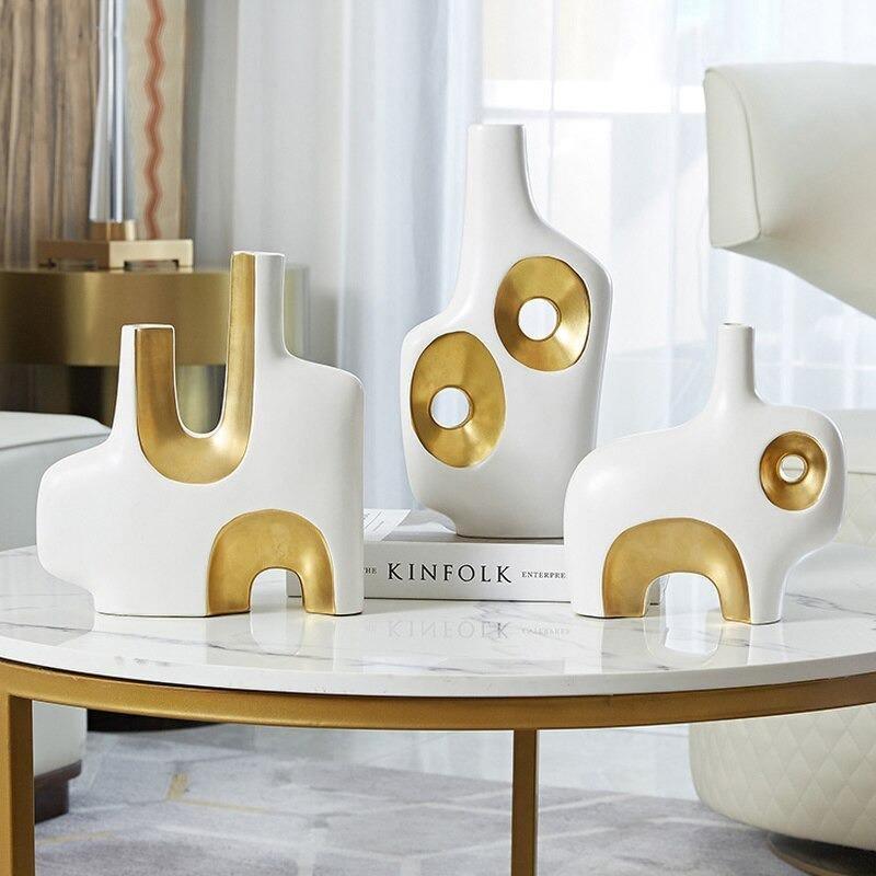 Gold and White Abstract Vases, Three Sizes or a Set