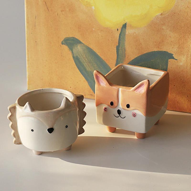 Square Animal Ceramic Planters with Drainage Hole, view 8