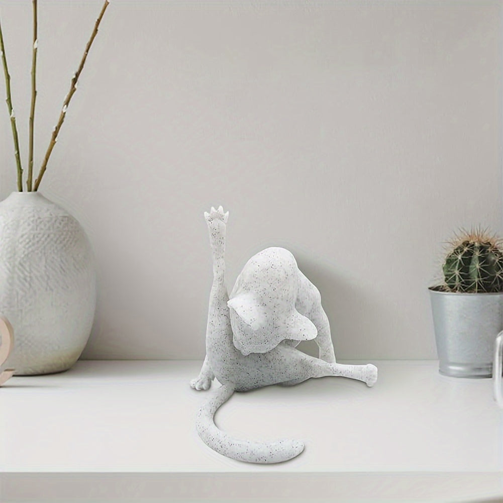 Resin Cat Figurine in Grooming Pose, 5.5 in