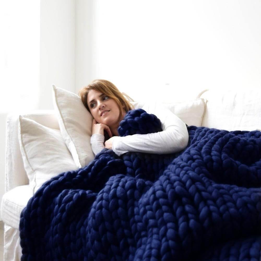 Chunky Knit Throw Blanket in Wool Acrylic Blend, view 5