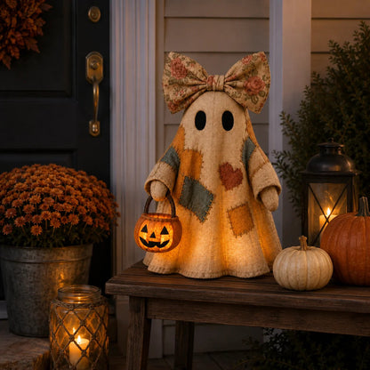 Halloween Patchwork Ghost Lamp with Pumpkin Lantern, view 9