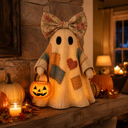 Halloween Patchwork Ghost Lamp with Pumpkin Lantern