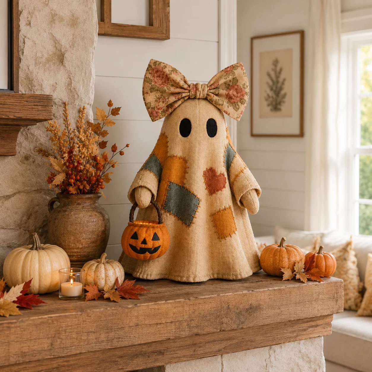 Halloween Patchwork Ghost Lamp with Pumpkin Lantern, view 11
