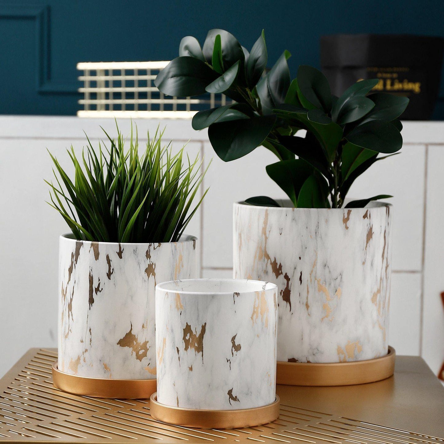 Ceramic Tabletop Planter with Gold Maze Pattern, view 3