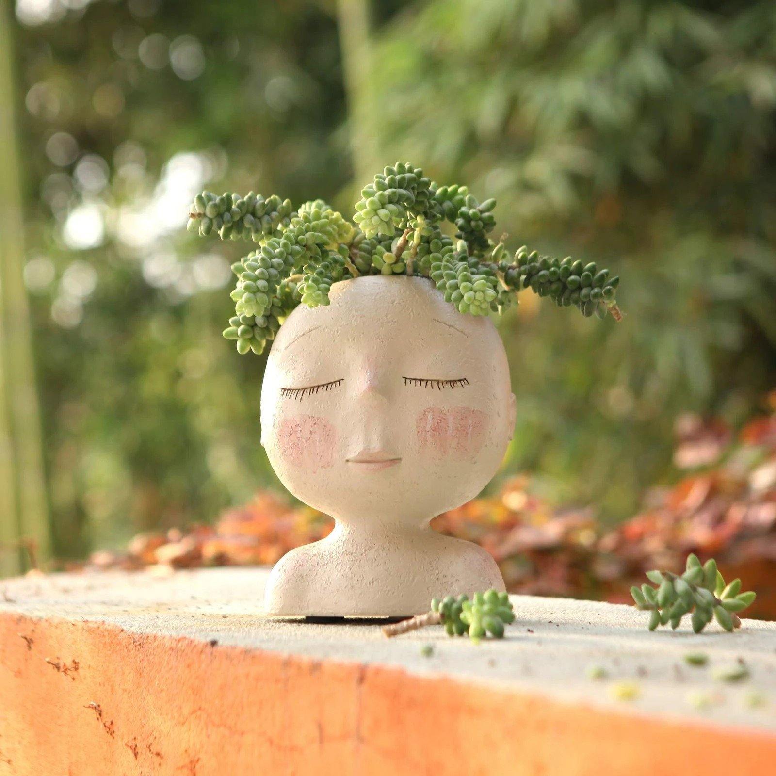 Sleeping Face Resin Planter with Drainage Holes, view 8