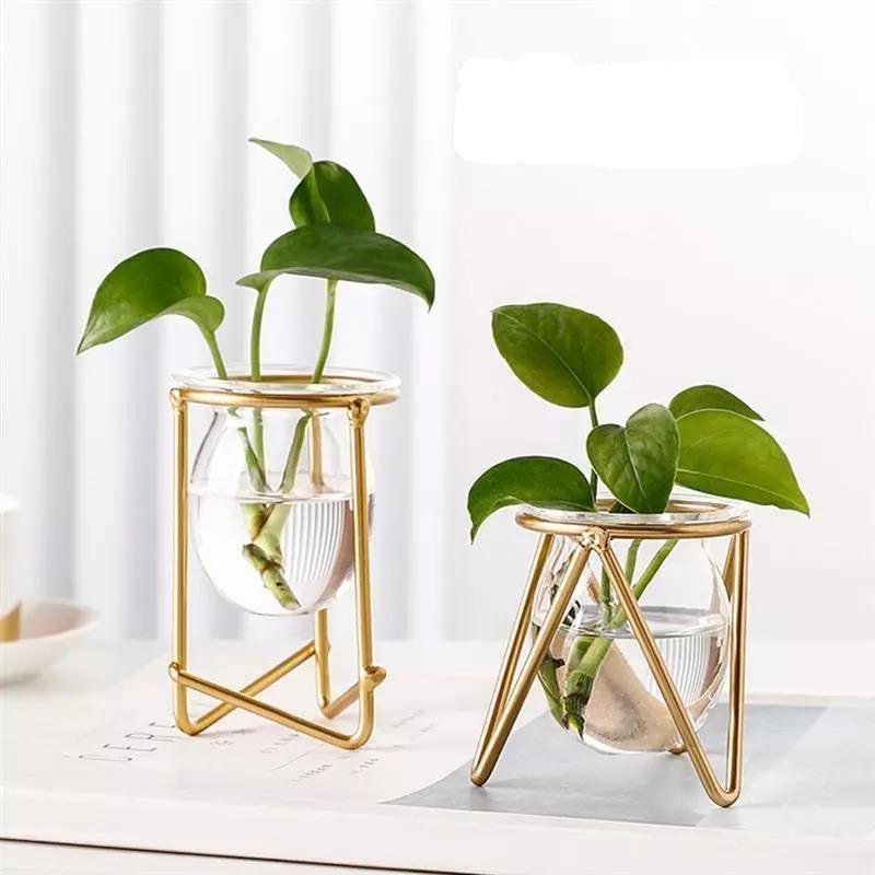 Glass Propagation Vase on a Geometric Iron Stand, view 3