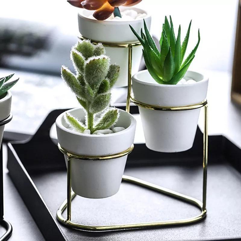 Three Small Ceramic Planters on an Iron Stand, view 4