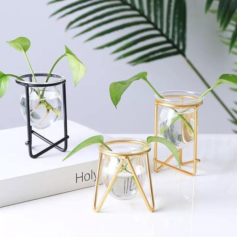 Glass Propagation Vase on a Geometric Iron Stand, view 2
