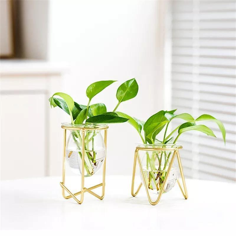 Glass Propagation Vase on a Geometric Iron Stand, view 4