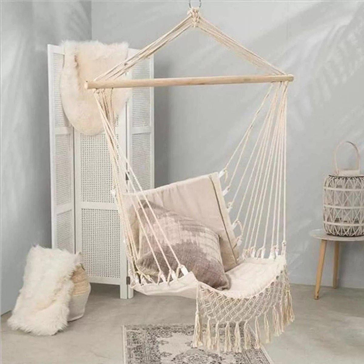 Macrame Hanging Hammock Chair with Wood Bar
