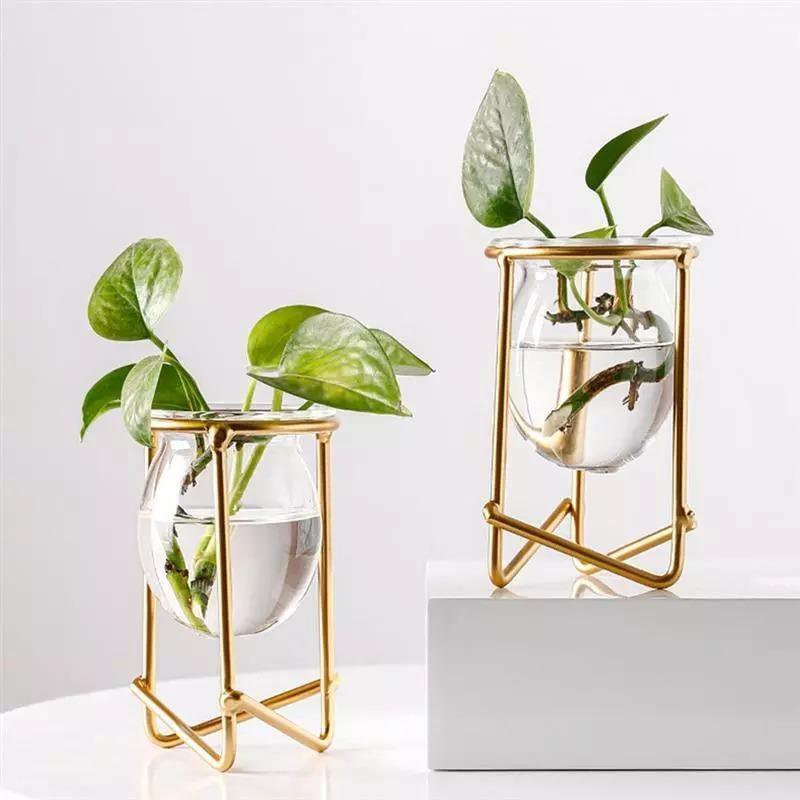 Glass Propagation Vase on a Geometric Iron Stand, view 7