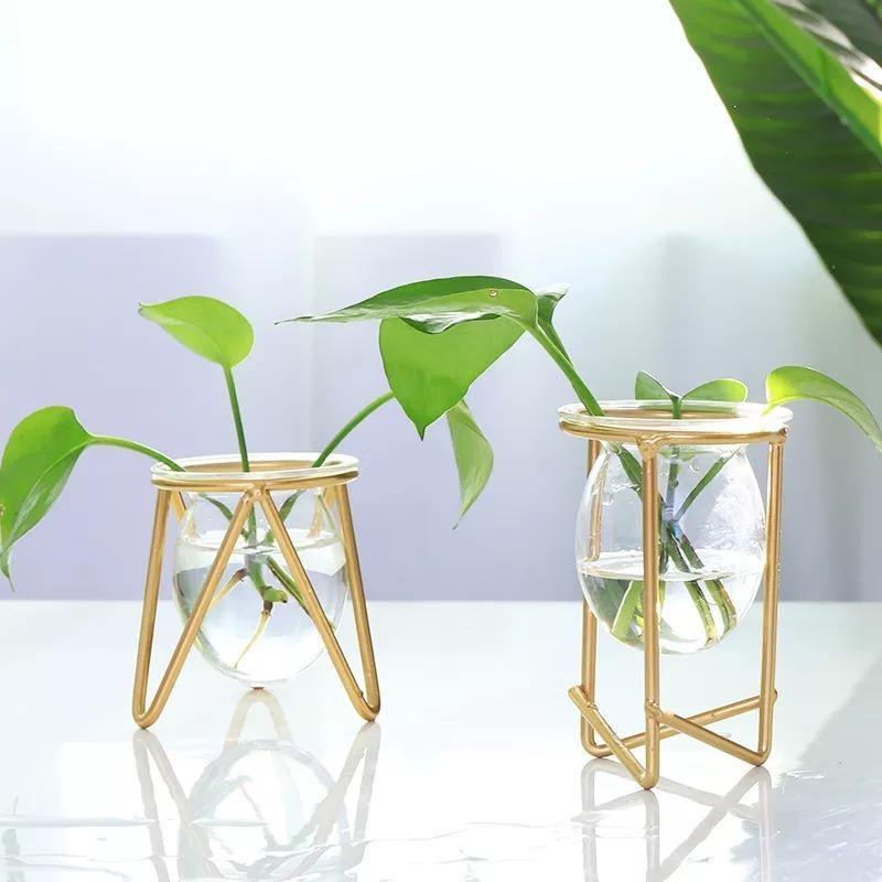 Glass Propagation Vase on a Geometric Iron Stand, view 9