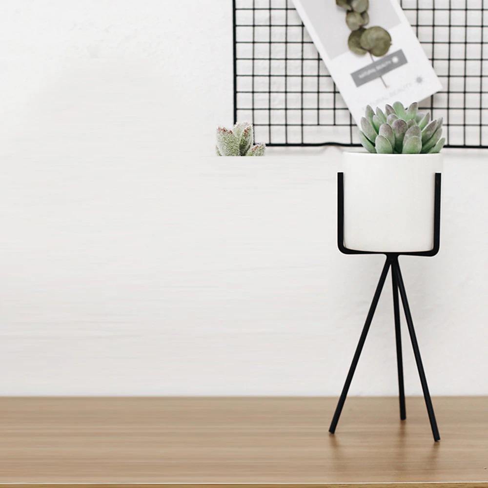 White Ceramic Trough Planter on Black Metal Stand, view 4