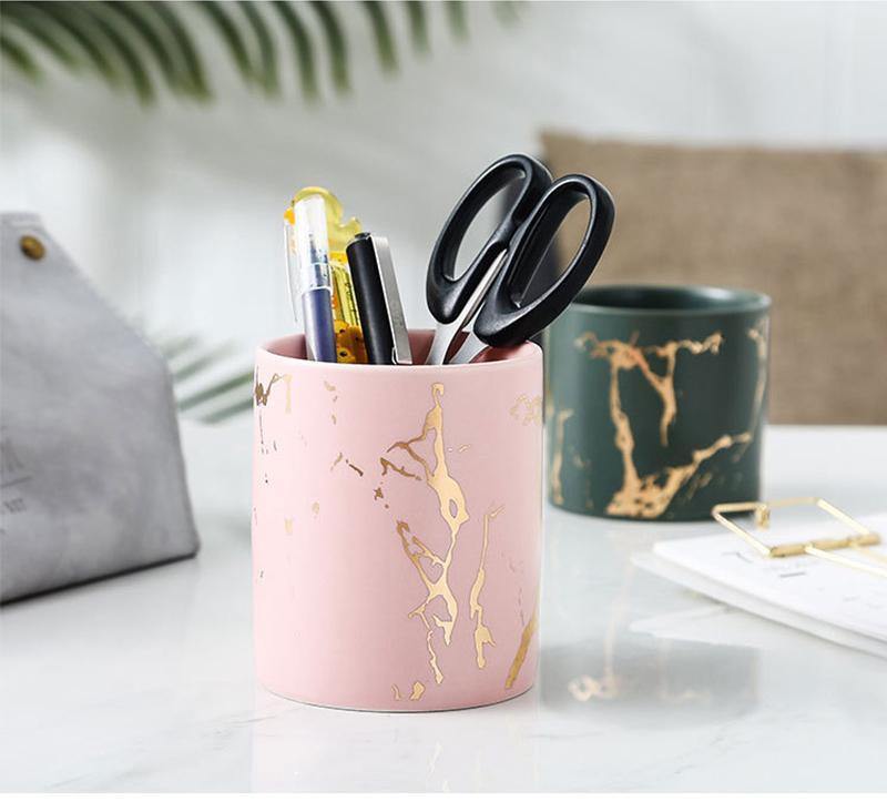 Marbled Ceramic Planter on a Geometric Metal Stand, view 5