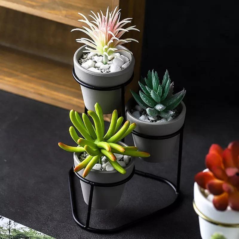 Three Small Ceramic Planters on an Iron Stand, view 6