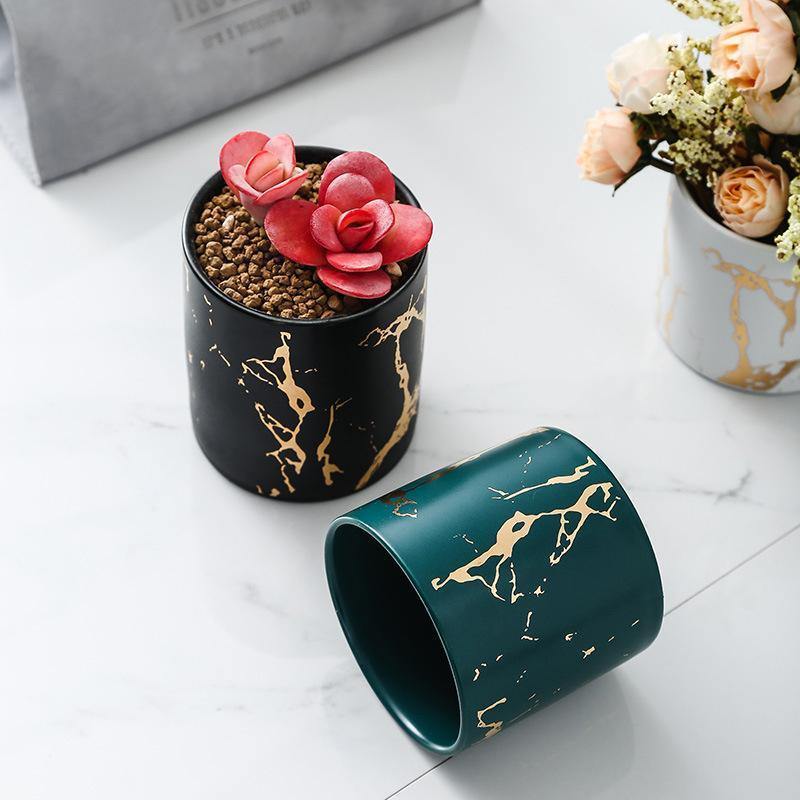 Marbled Ceramic Planter on a Geometric Metal Stand, view 6