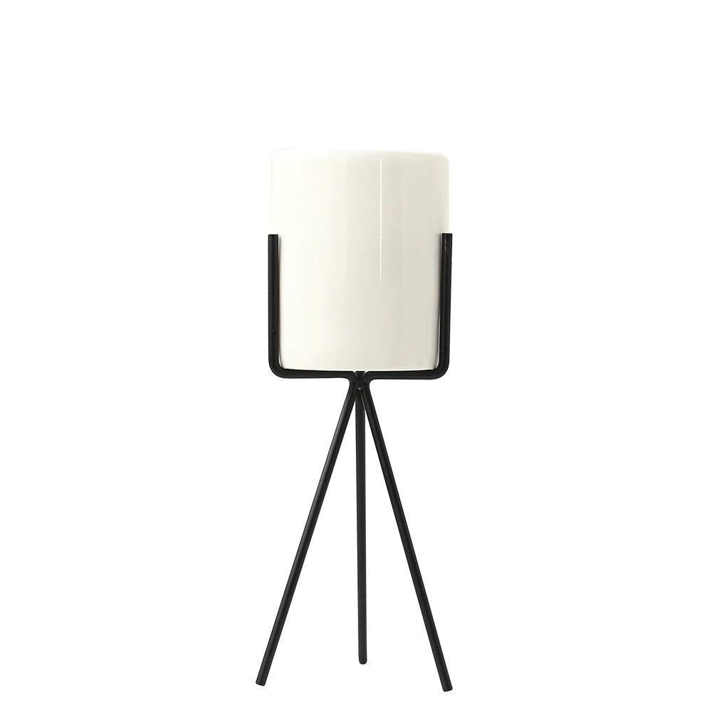 White Ceramic Trough Planter on Black Metal Stand, view 7