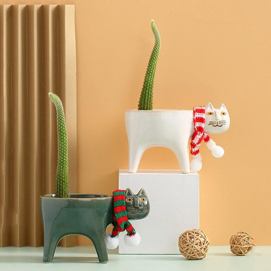 Cat Shaped Ceramic Planter with Drain Hole, 5.9 in