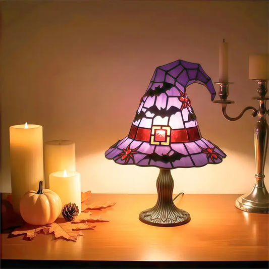 Stained Glass Witch Hat Lamp, Bat or Skull