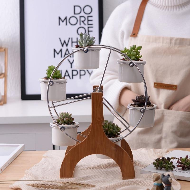 Bamboo Ferris Wheel Stand with Six Ceramic Pots