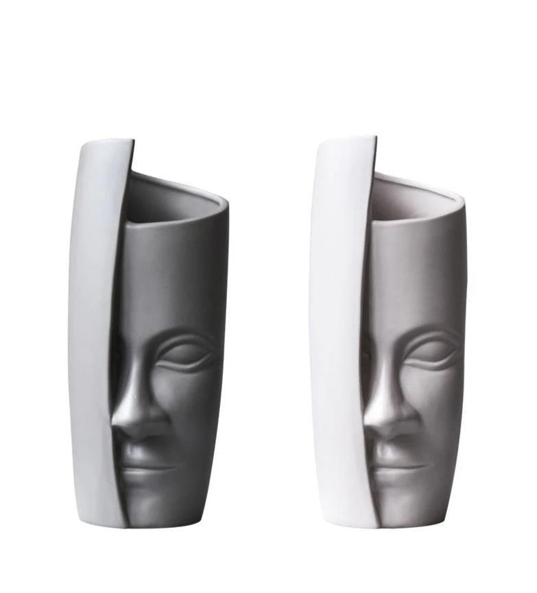 Sculpted Half Face Ceramic Vase, White or Gray, view 2