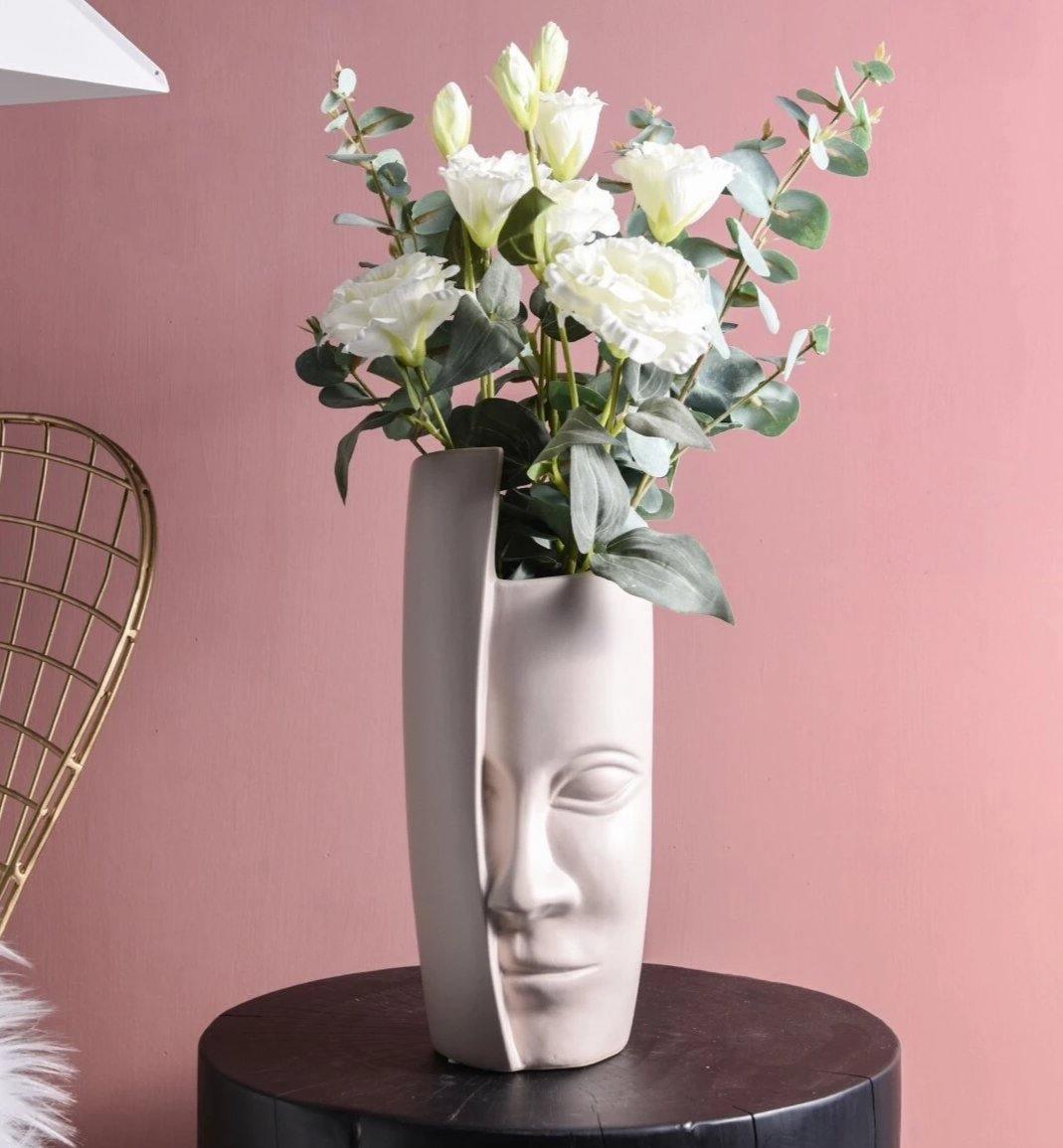 Sculpted Half Face Ceramic Vase, White or Gray, view 3